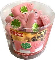 Odenwälder Marzipan Christmas Flachschweine in Runddose 25 Schweine in einer Dose à 15g