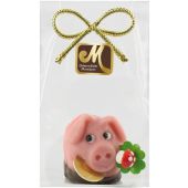 Odenwälder Marzipan Christmas Schwein lachend mit Schoko und Kleeblatt im Beutel 50g